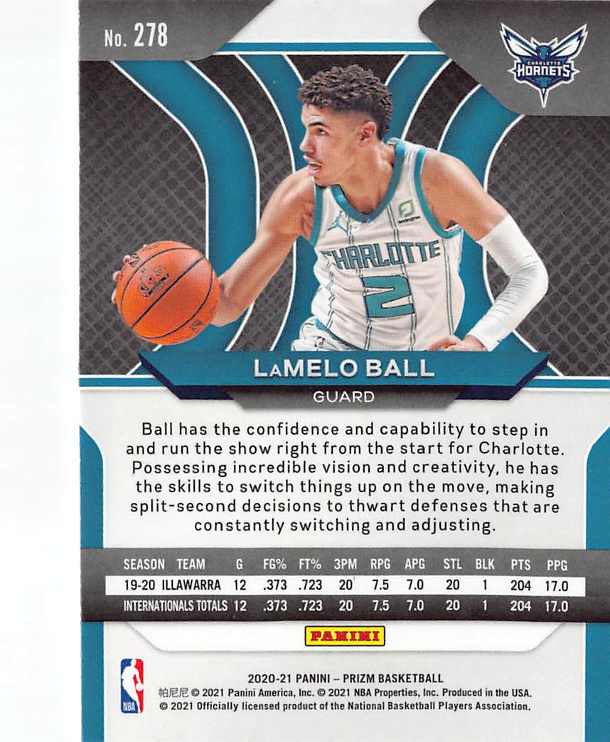 2021 Panini Prizm Basketball LaMelo Ball Rookie RC #278 Charlotte Hornets
