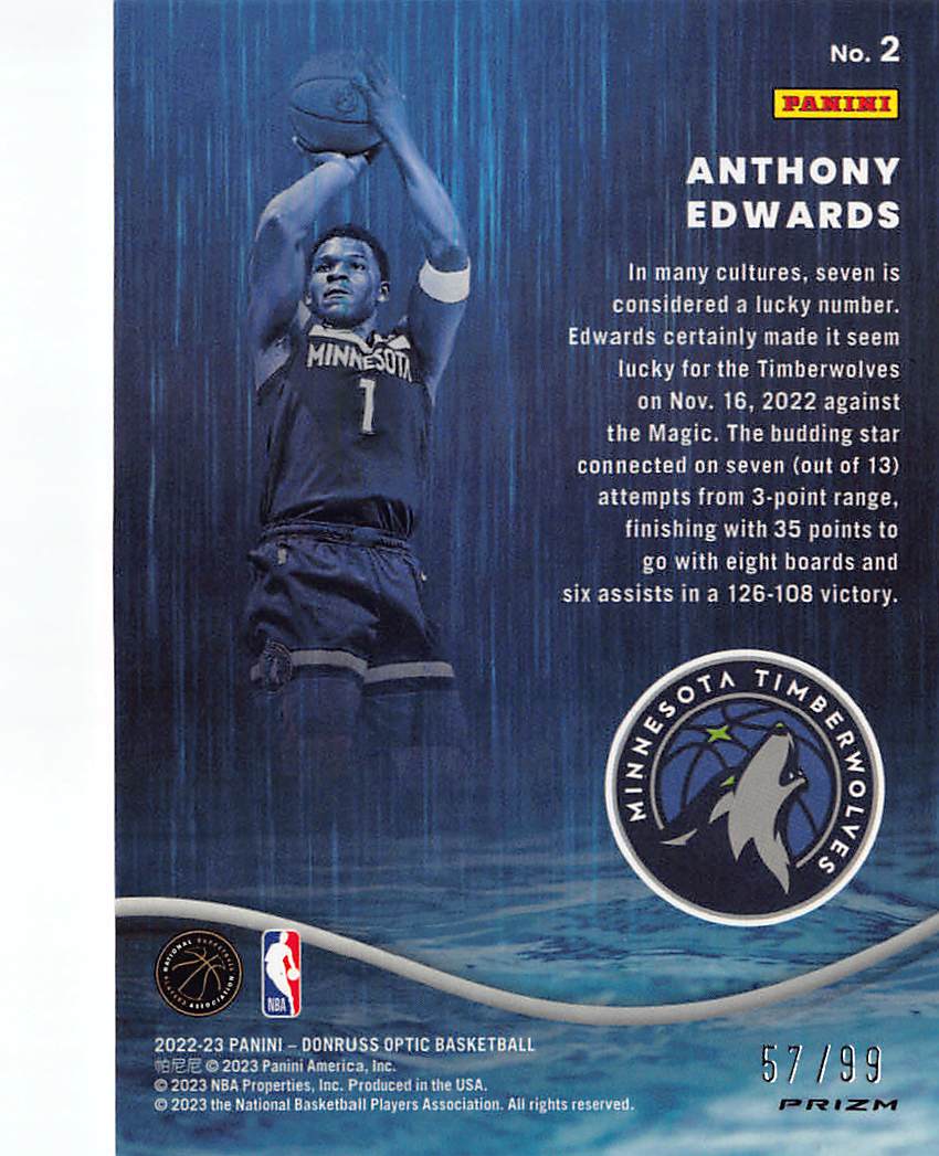 2023 Panini Donruss Optic Anthony Edwards Red Raining 3s /99 #2 Timberwolves