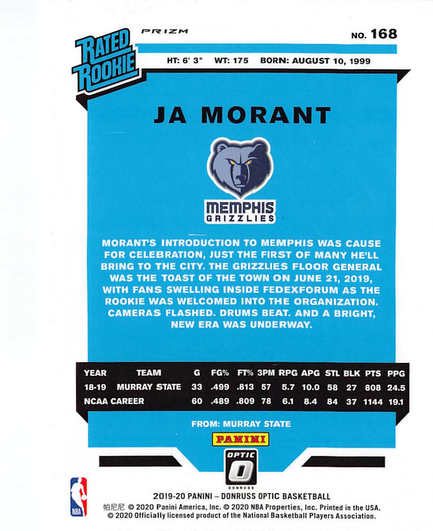 2020 Panini Donruss Optic Ja Morant Wave Rookie #168 Memphis Grizzlies