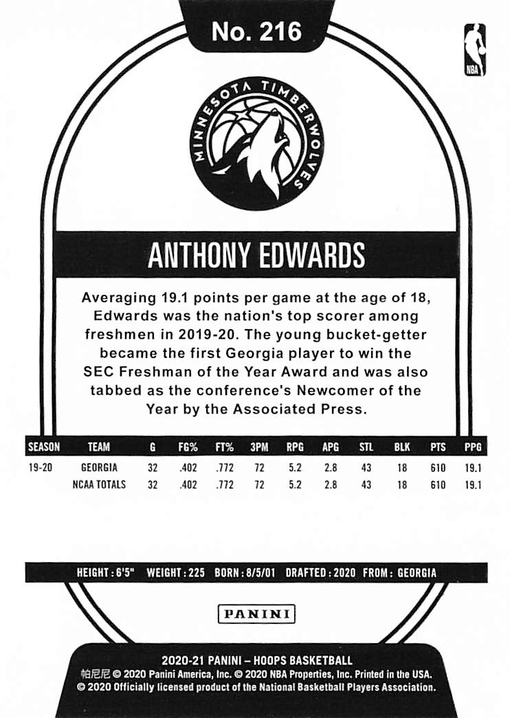 2020 Panini Hoops Anthony Edwards Rookie RC #216 Minnesota Timberwolves
