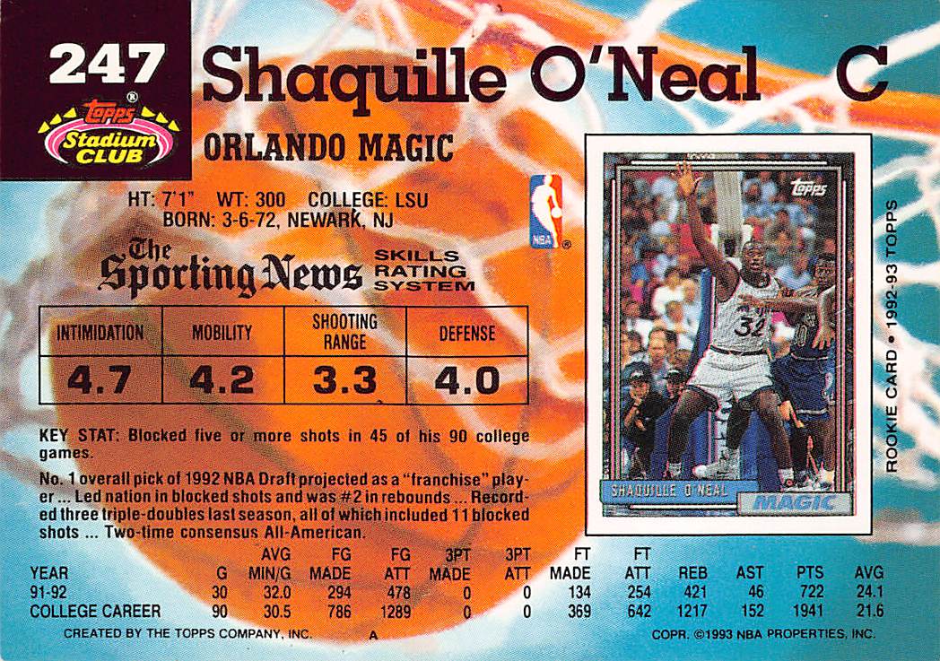 1992-93 Topps Stadium Club Shaquille O'Neal Draft Pick Rookie #247 Orlando Magic