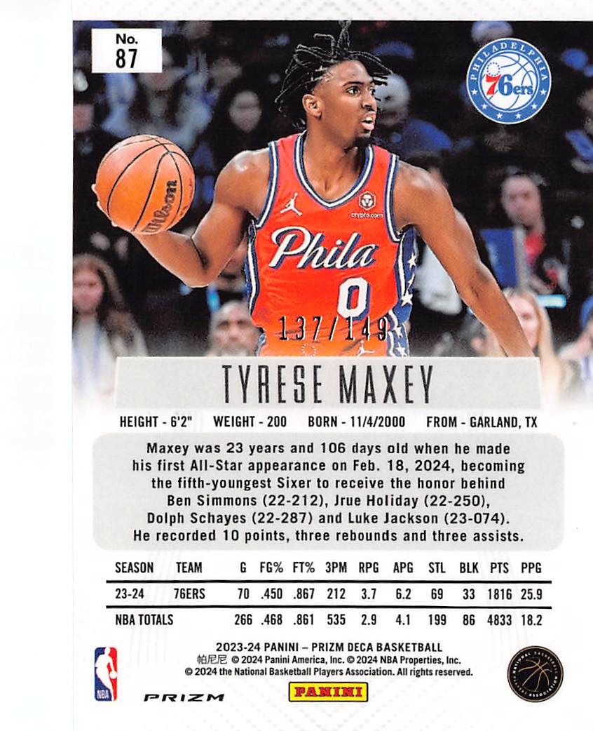 2023-24 Panini Prizm Deca Tyrese Maxey Blue /149 #87 Philadelphia 76ers