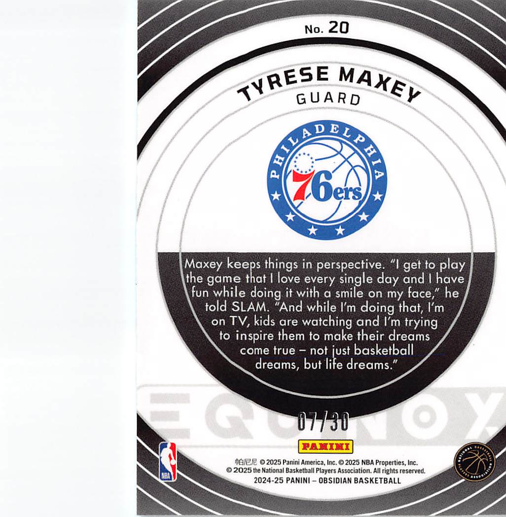 2024-25 Panini Obsidian Tyrese Maxey /30 #20 Philadelphia 76ers