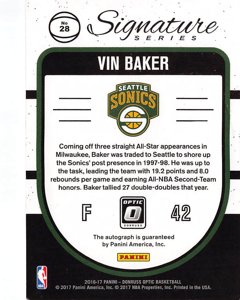2016-17 Panini Donruss Optic Vin Baker Autograph #28 Seattle SuperSonics