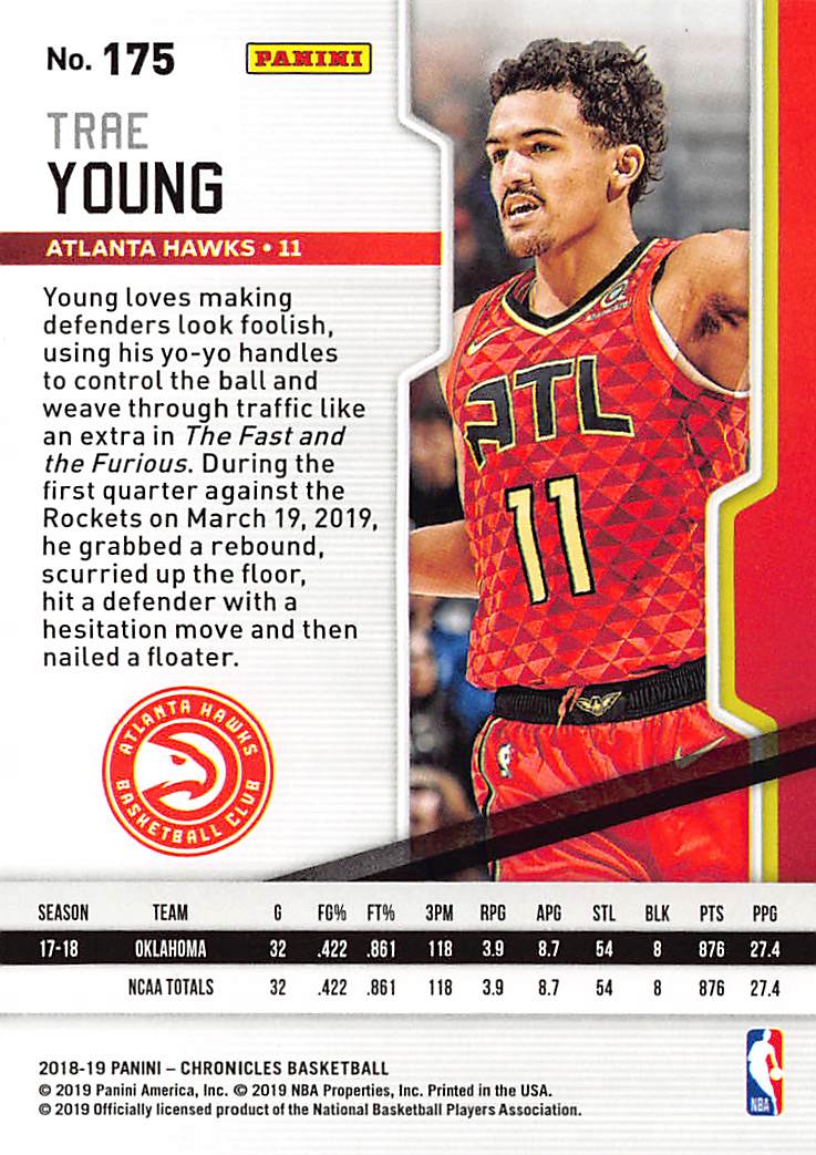 2018-19 Panini Chronicles Playoff Trae Young Rookie RC #175 Atlanta Hawks