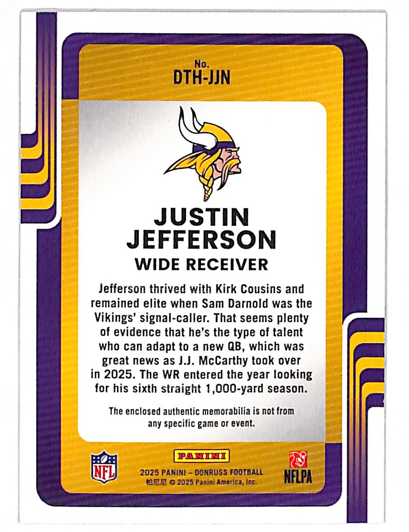 2025 Panini Donruss Justin Jefferson Threads Patch Memorabilia #DTH-JJN Vikings