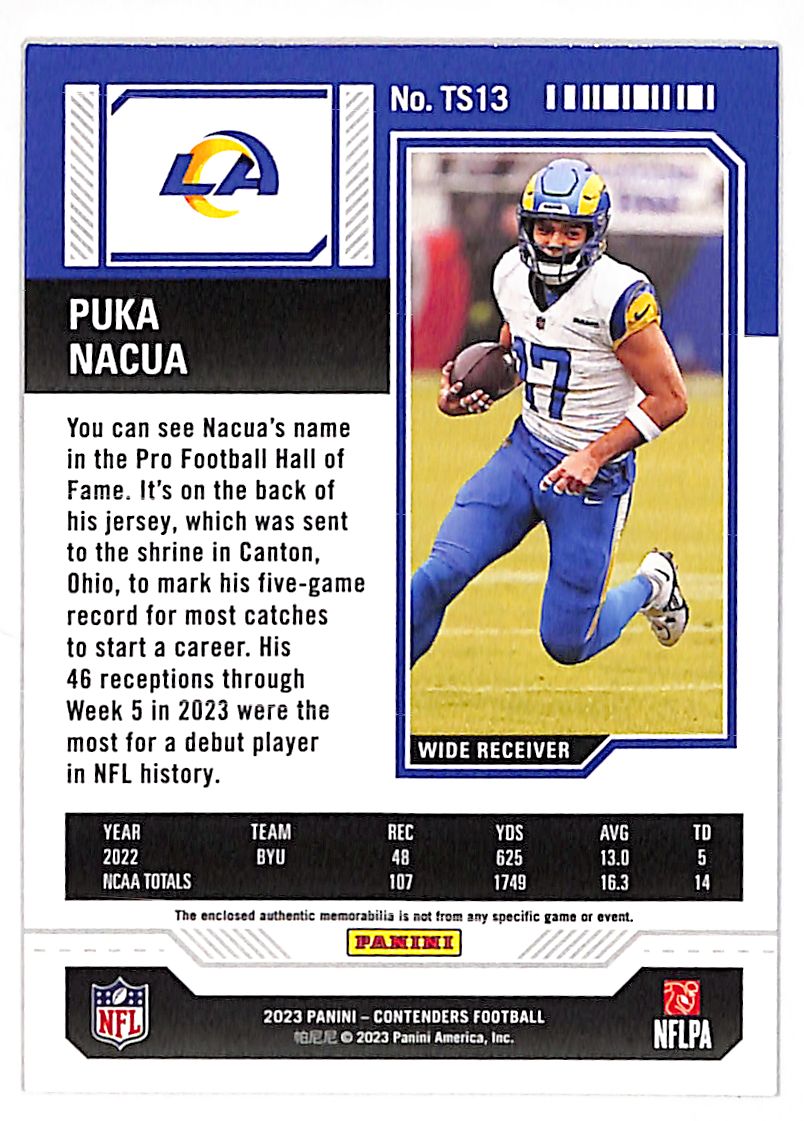 2023 Panini Contenders Puka Nacua Rookie Ticket Swatches Patch RC #TS13 Rams