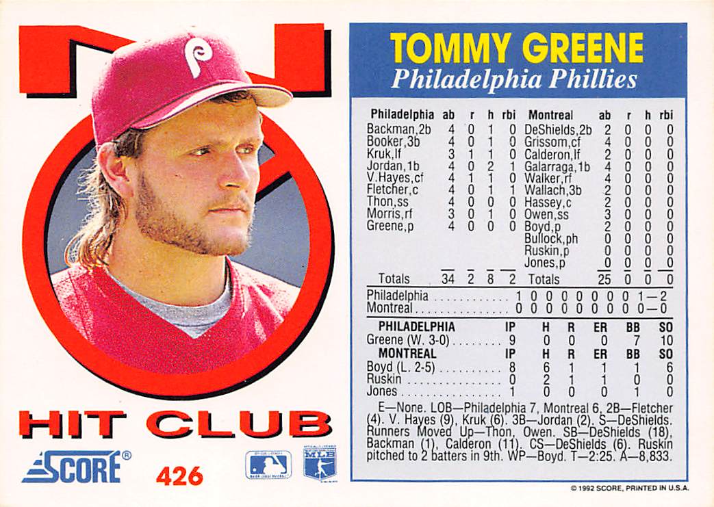 1992 Score Tommy Greene Hit Club #426 Philadelphia Phillies