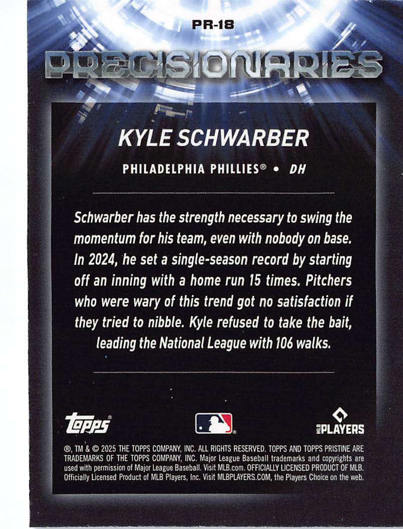2025 Topps Pristine Kyle Schwarber Precisioniaries Blue Refractor PR-18 Phillies
