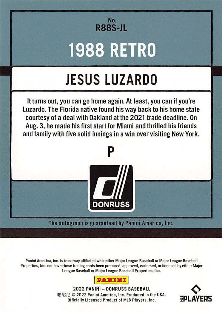 2022 Panini Donruss Jesus Luzardo Autograph #R88S-JL Miami Marlins
