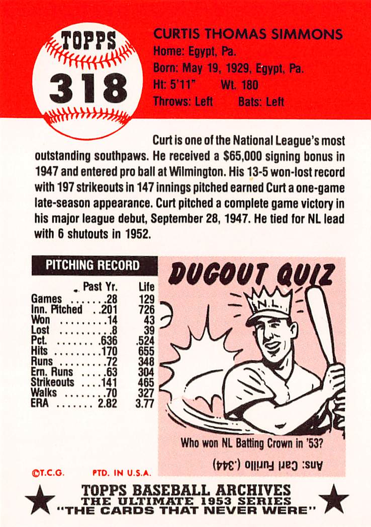 1991 Topps Baseball Archives The Ultimate 1953 Series Curt Simmons #318 Phillies