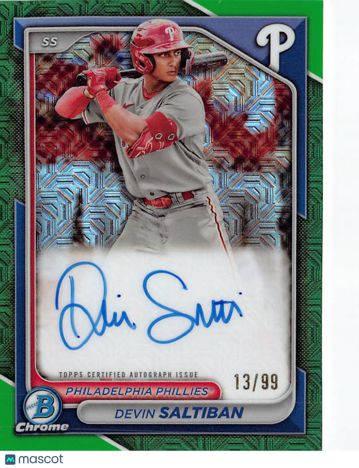 2024 Bowman Chrome Devin Saltiban Green Mojo Auto /99 Rookie #BMA-DS Phillies