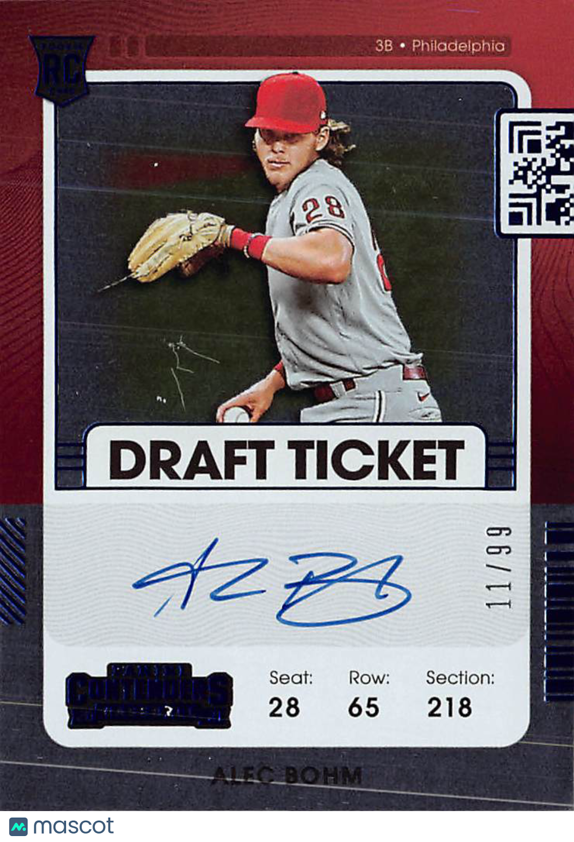 2021 Panini Contenders Alec Bohm Draft Ticket Auto Rookie /99 RC #137 Phillies