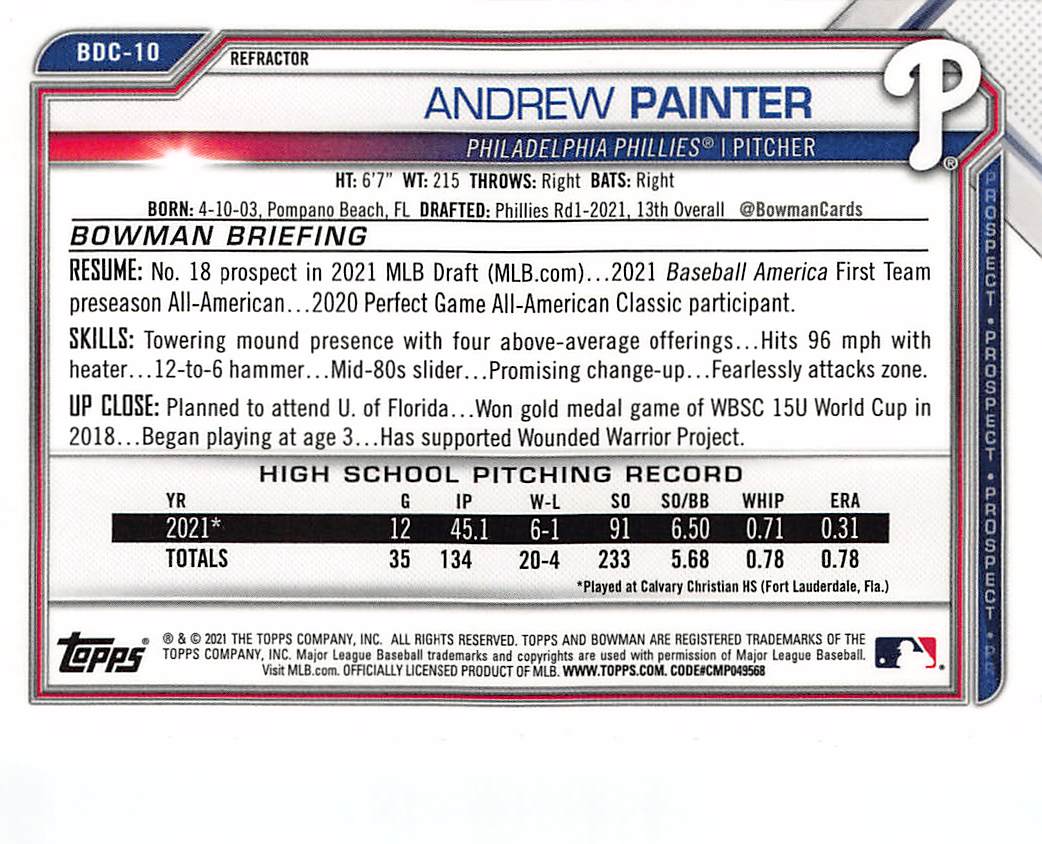 2021 Bowman Draft Chrome Andrew Painter Refractor Rookie #BDC-10 Phillies