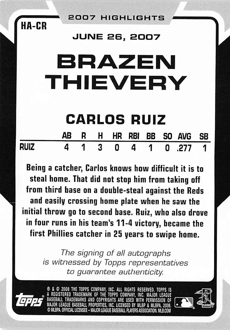 2008 Topps Carlos Ruiz Highlights Auto #HA-CR Philadelphia Phillies