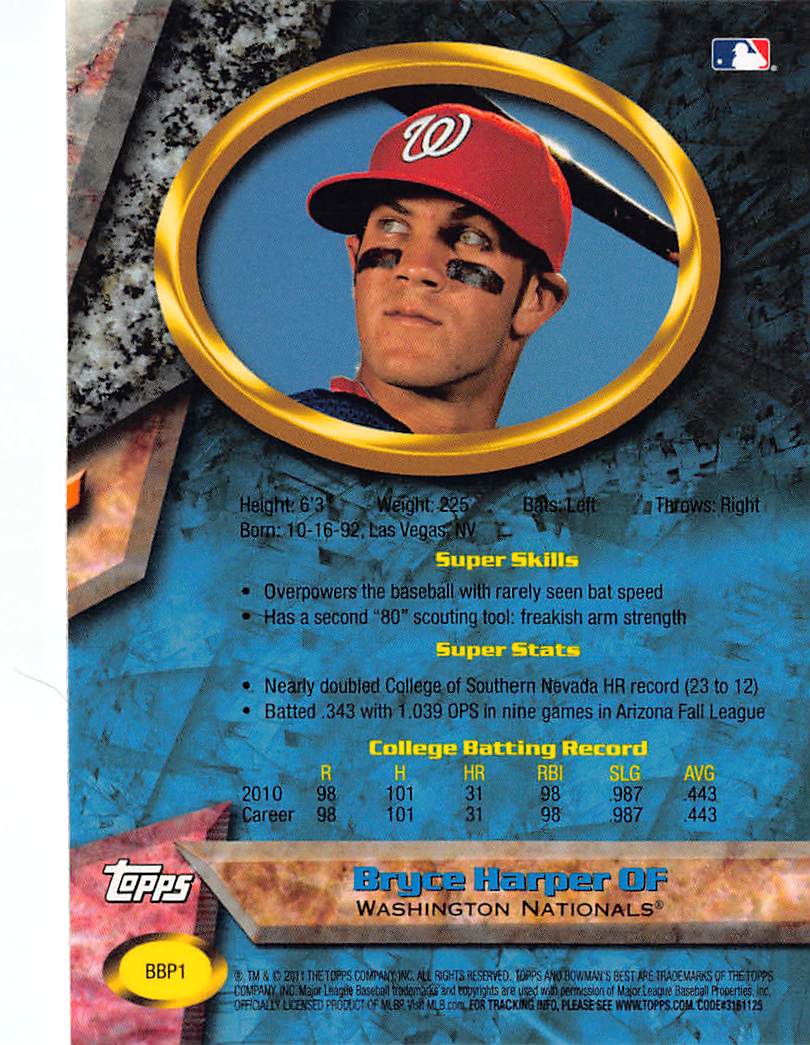 2011 Bowman Bowman's Best Bryce Harper Rookie #BBP1 Washington Nationals