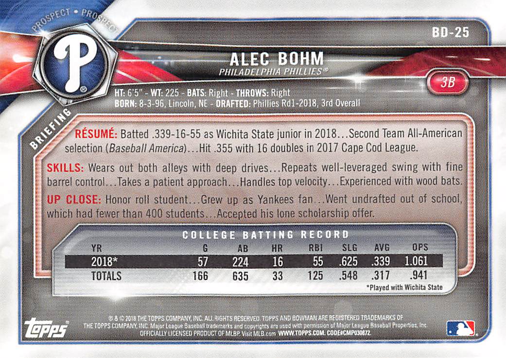 2018 Bowman Draft Alec Bohm Rookie #BD-25 Philadelphia Phillies