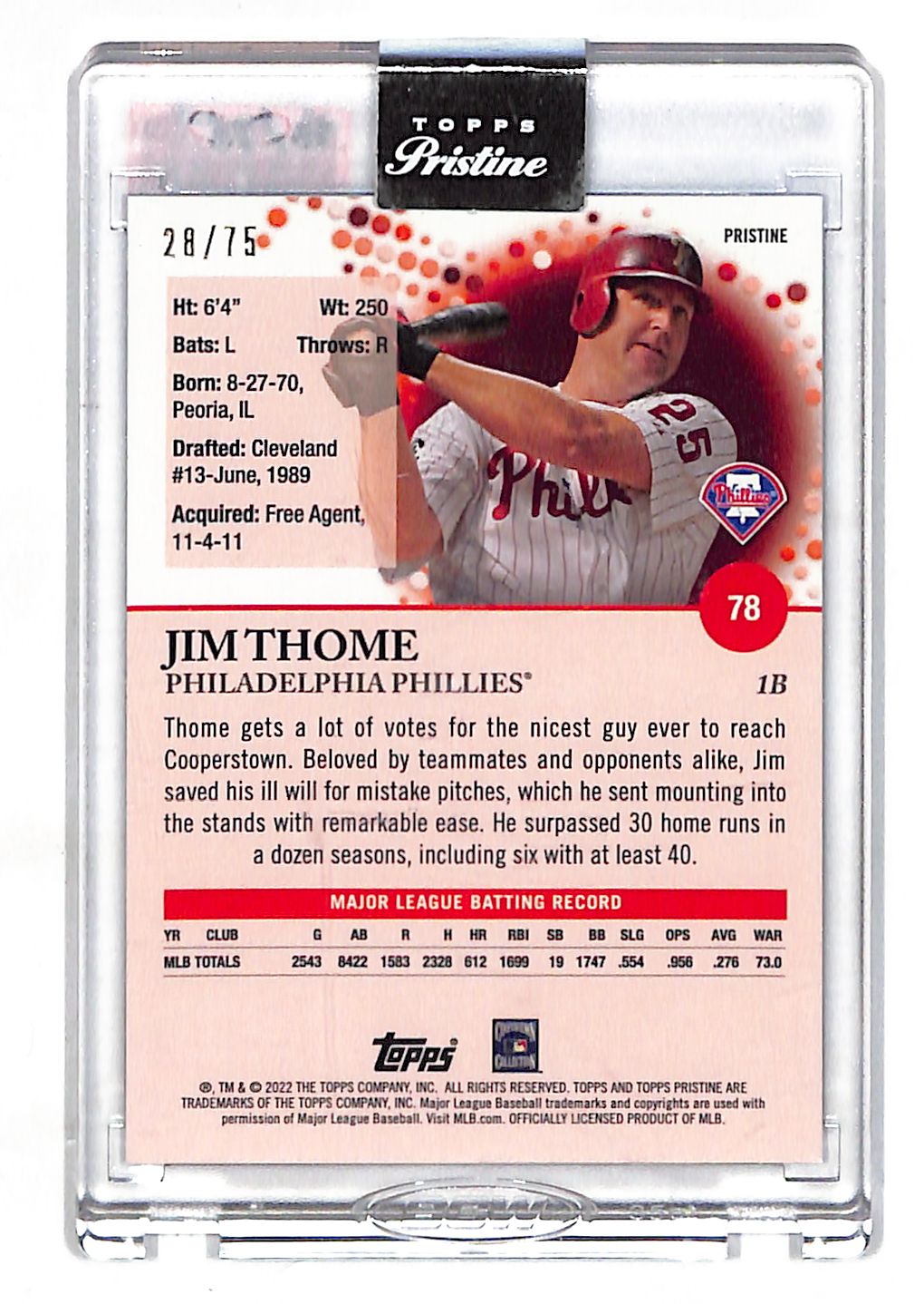2022 Topps Pristine Jim Thome Blue /75 #78 Philadelphia Phillies