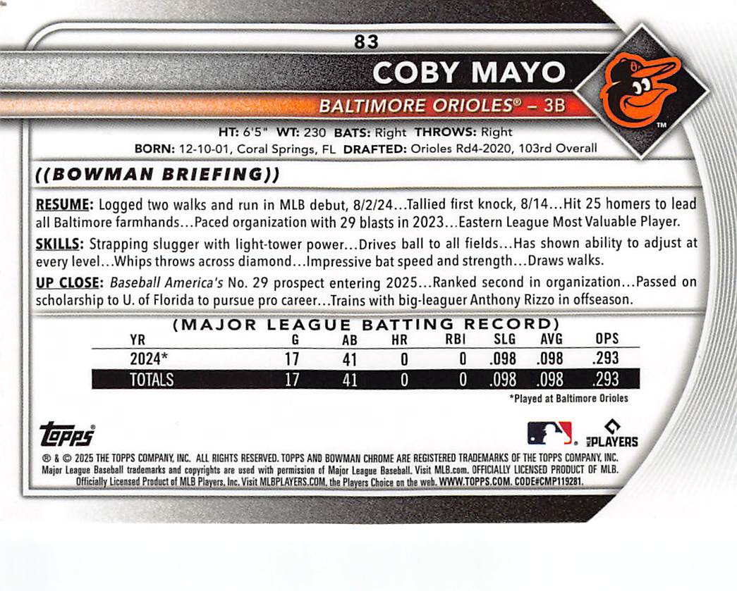 2025 Bowman Chrome Coby Mayo Red Rookie Rookie RC #83 Baltimore Orioles