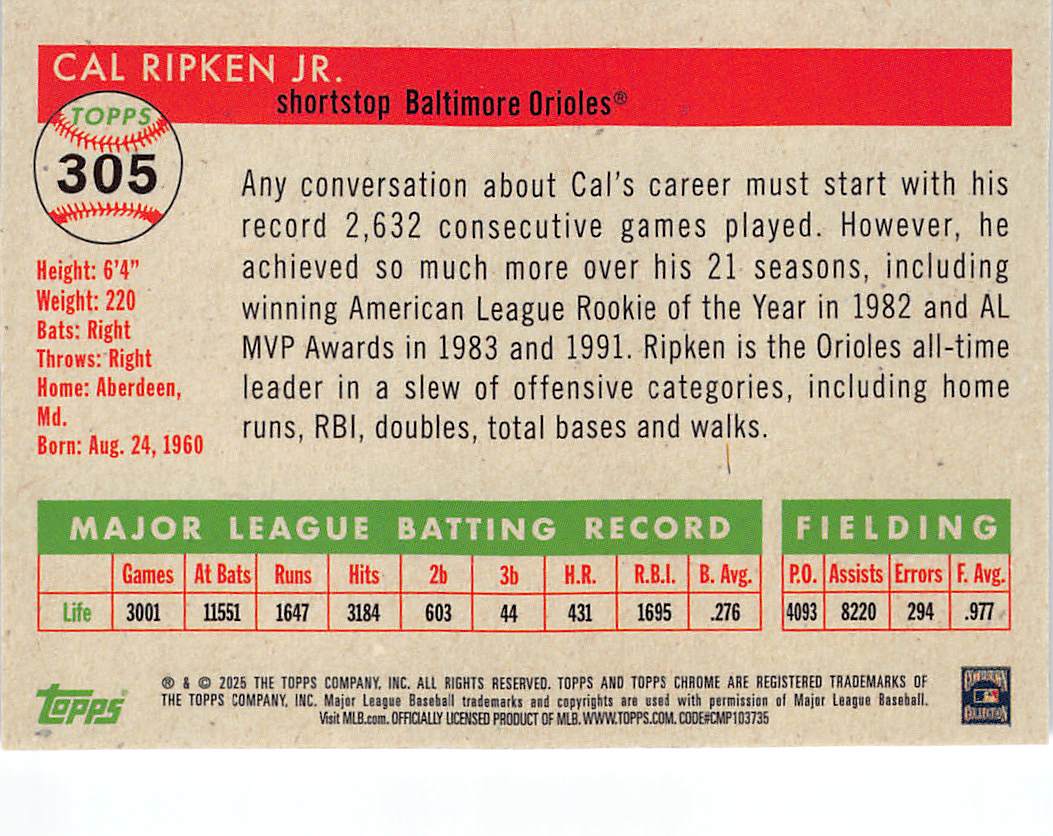 2025 Topps Chrome Platinum Anniversary Cal Ripken Jr. Purple Vibration /250 #305