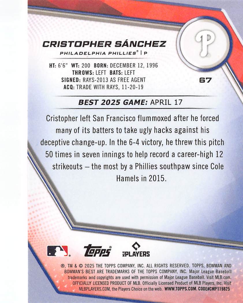 2025 Bowman's Best Cristopher Sánchez yellow Refractor /75 #67 Phillies