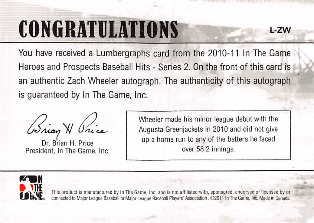 2011 In The Game Heroes Prospects Hits Series 2 Zach Wheeler Lumbergraphs #L-ZW