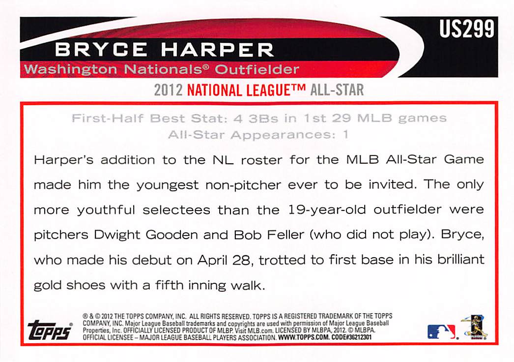 2012 Topps Update Bryce Harper All Star Game #US299 Washington Nationals