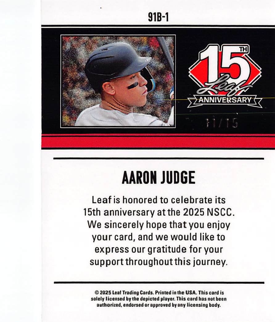 2025 Leaf 15th Anniversary Aaron Judge Silver Lava /15 #91B-1 New York Yankees