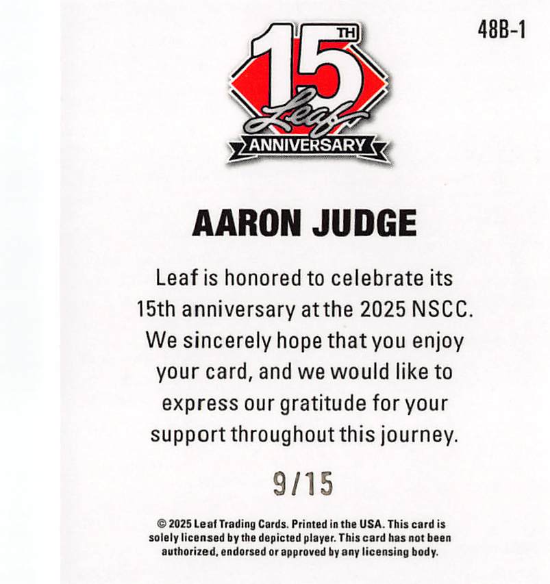 2025 Leaf 15th Anniversary Aaron Judge Mini Silver Laser /15 #48B-1 Yankees