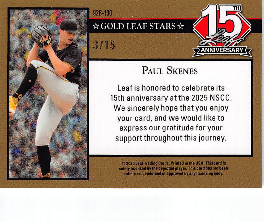 2025 Leaf 15th Anniversary Paul Skenes Silver Shimmer /15 #92B-130 Pirates