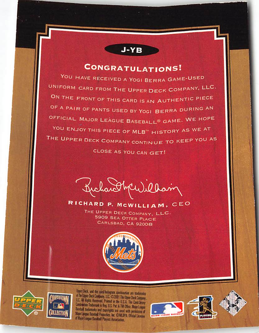 2001 Upper Deck Legends Yogi Berra Patch Memorabilia #J-YB New York Mets