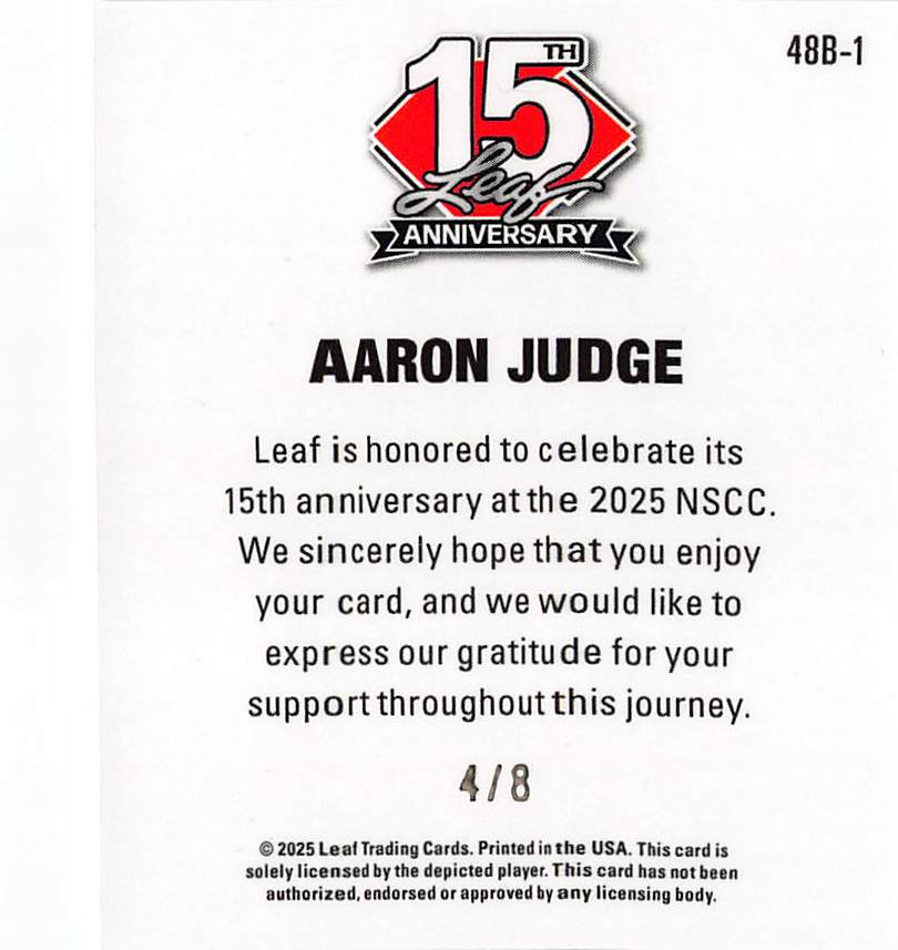 2025 Leaf 15th Anniversary Aaron Judge Pink Laser /8 #48B-1 New York Yankees