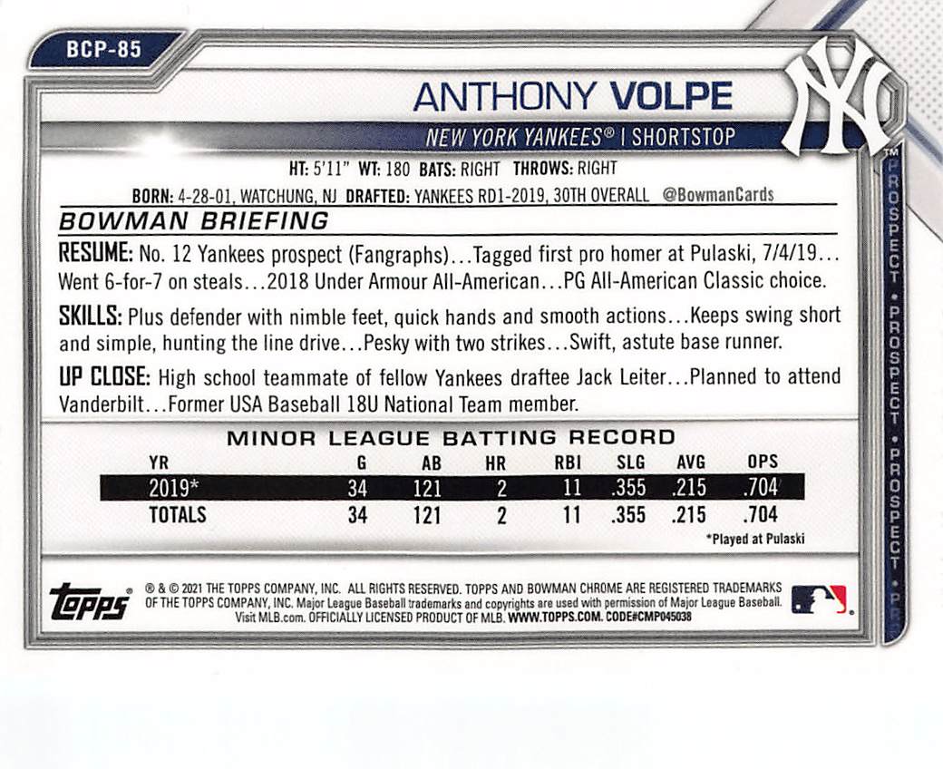 2021 Bowman Chrome Anthony Volpe Blue Sapphire #BCP-85 New York Yankees