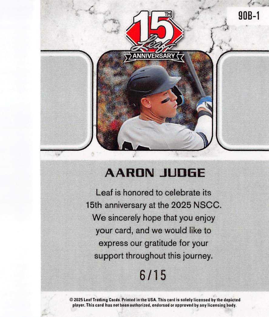 2025 Leaf 15th Anniversary Aaron Judge Silver Sparkle /15 #90B-1 Yankees