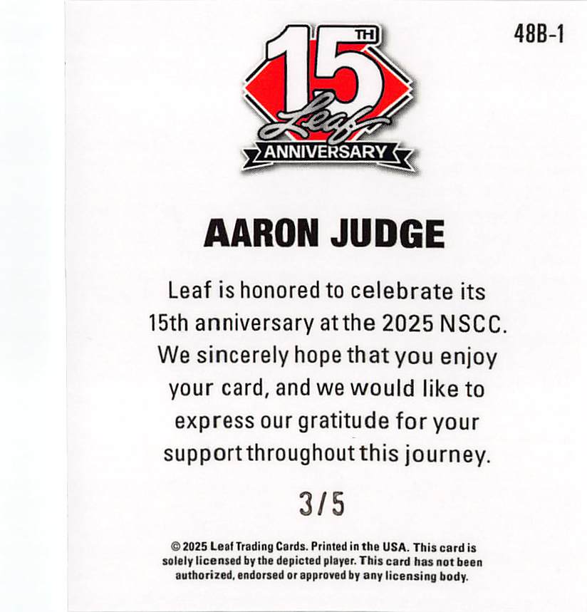 2025 Leaf 15th Anniversary Aaron Judge Blue Laser /5 #48B-1 New York Yankees