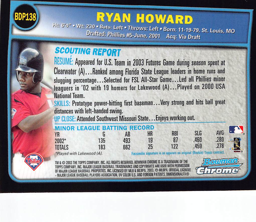 2003 Bowman Chrome Draft Picks & Prospects Ryan Howard Rookie #BDP138 Phillies