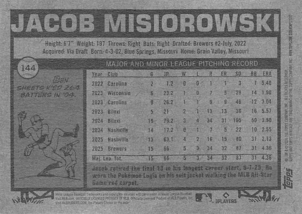 2026 Topps Heritage Jacob Misiorowski Green Rookie RC #144 Milwaukee Brewers
