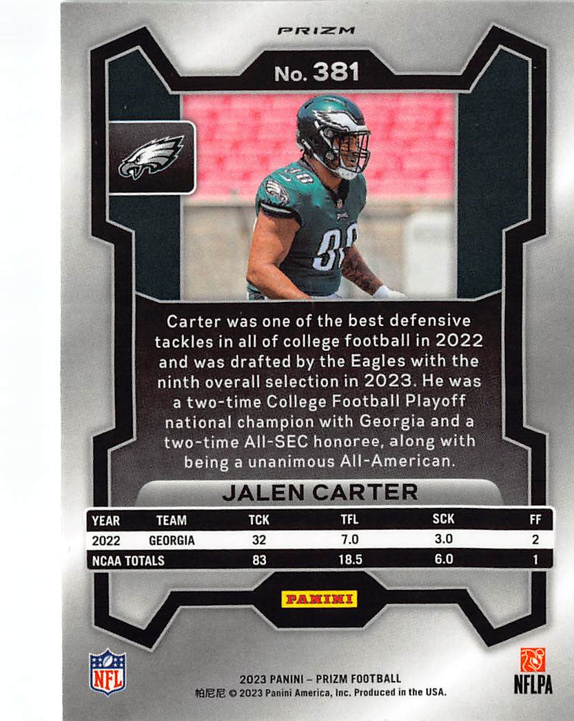 2023 Panini Prizm Football Jalen Carter Green Wave Rookie RC #381 Eagles