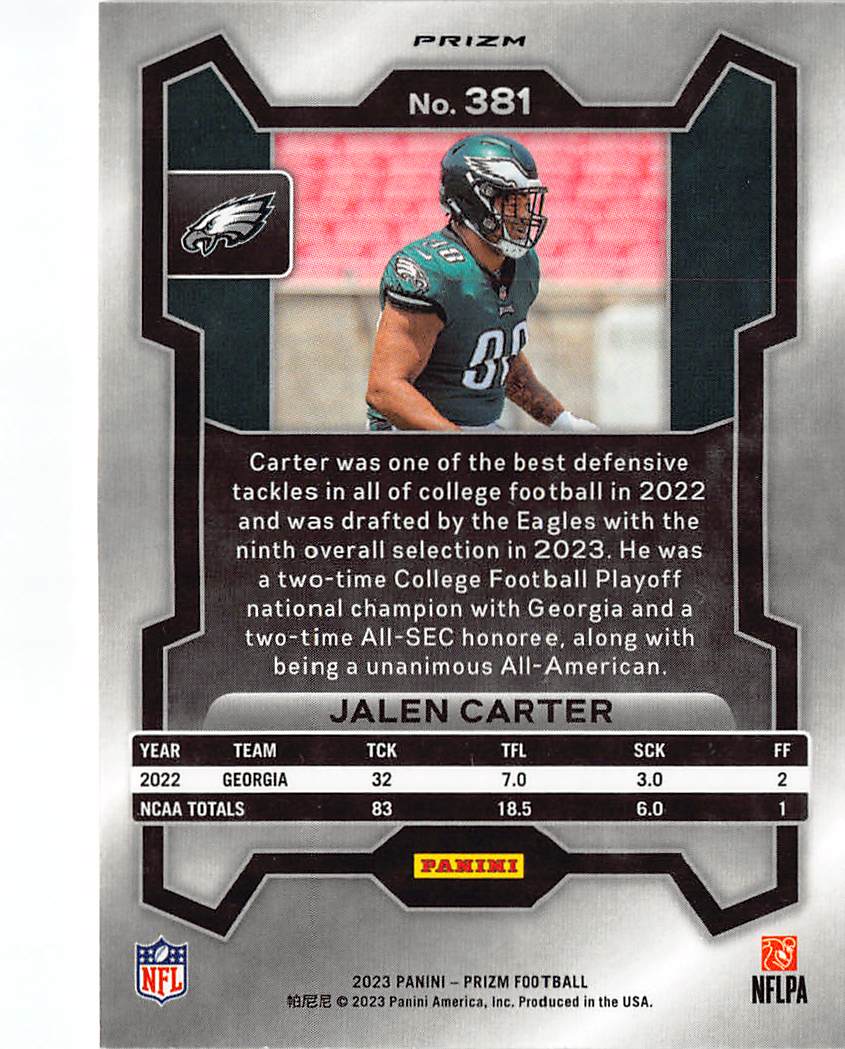 2023 Panini Prizm Jalen Carter Orange Laser Rookie RC #381 Philadelphia Eagles