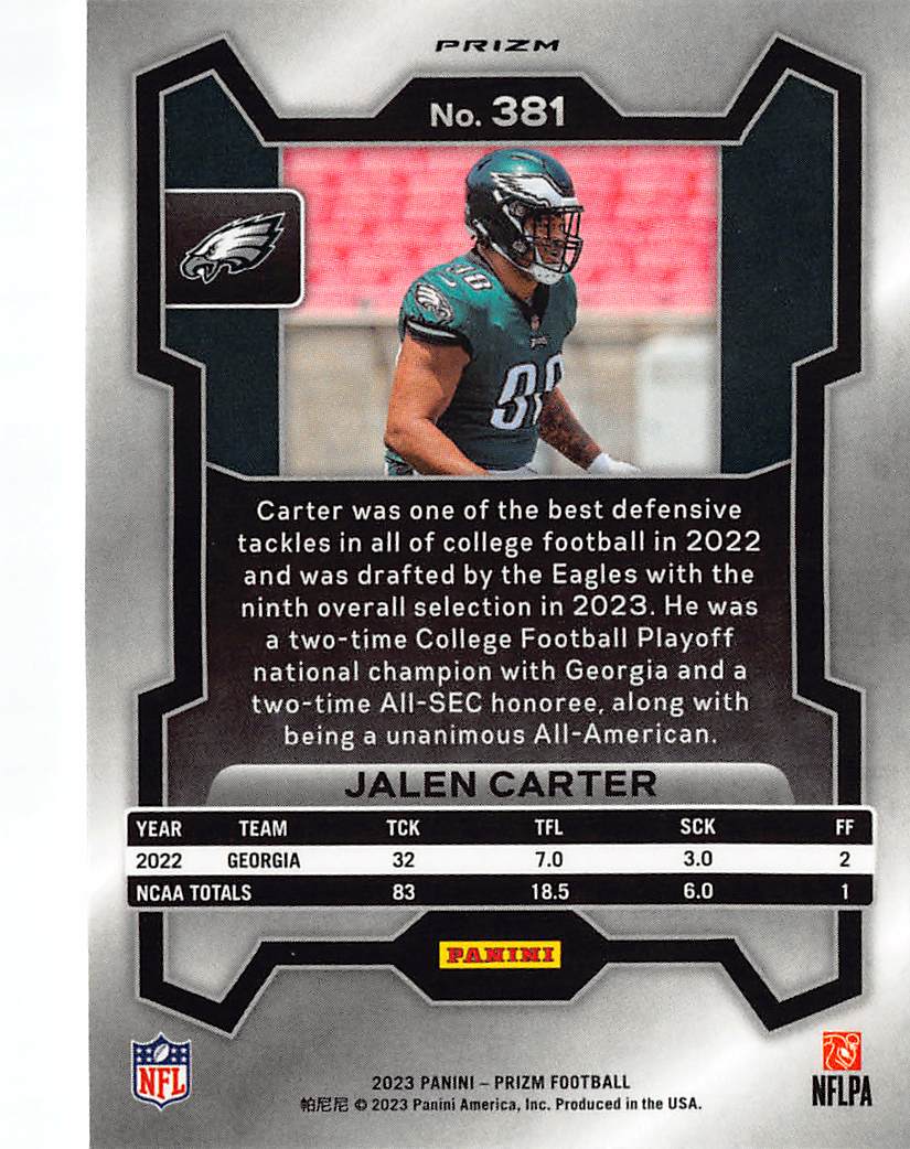 2023 Panini Prizm Football Jalen Carter Silver Rookie RC #381 Eagles