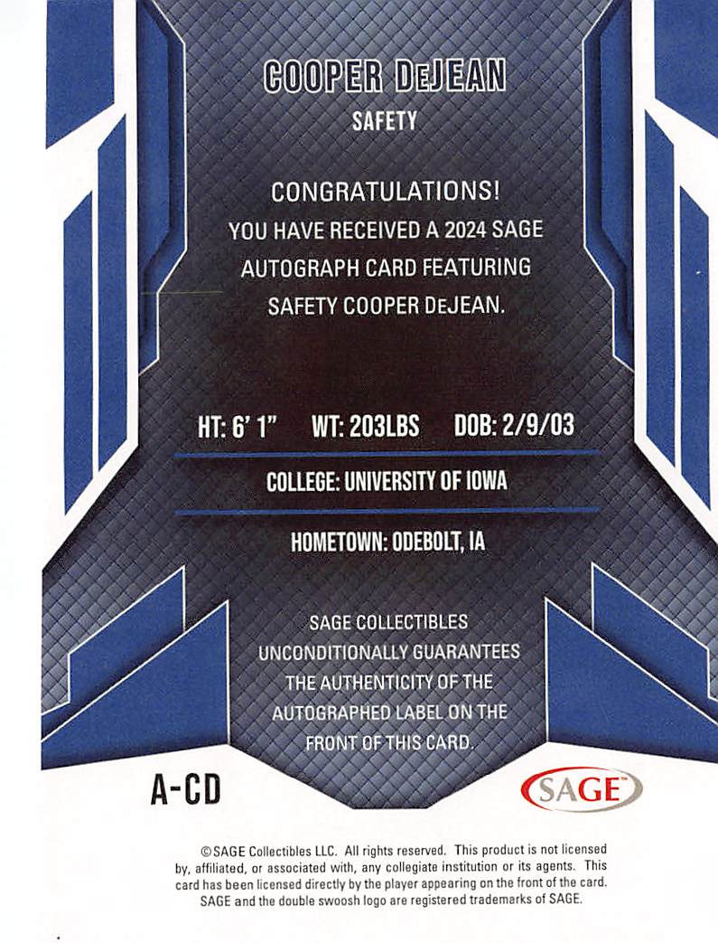 2024 SA-GE Hit Cooper DeJean Auto Rookie #A-CD Iowa Hawkeyes