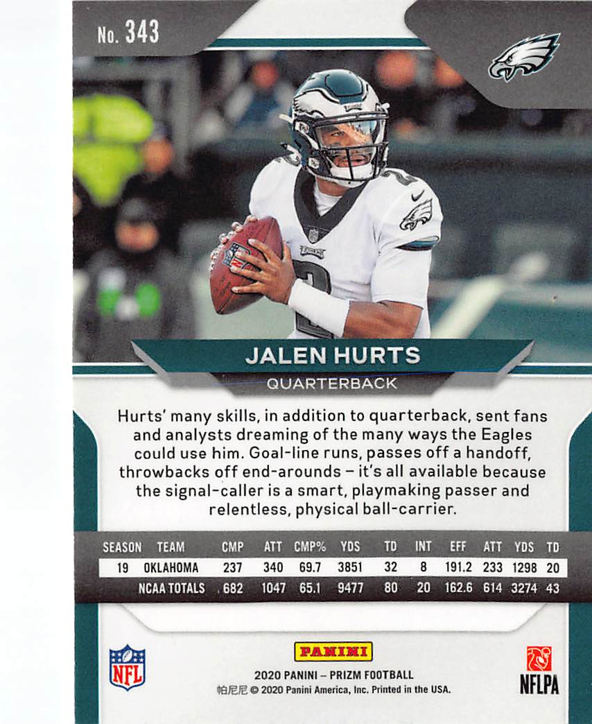 2020 Panini Prizm Football Jalen Hurts Rookie RC #343 Philadelphia Eagles