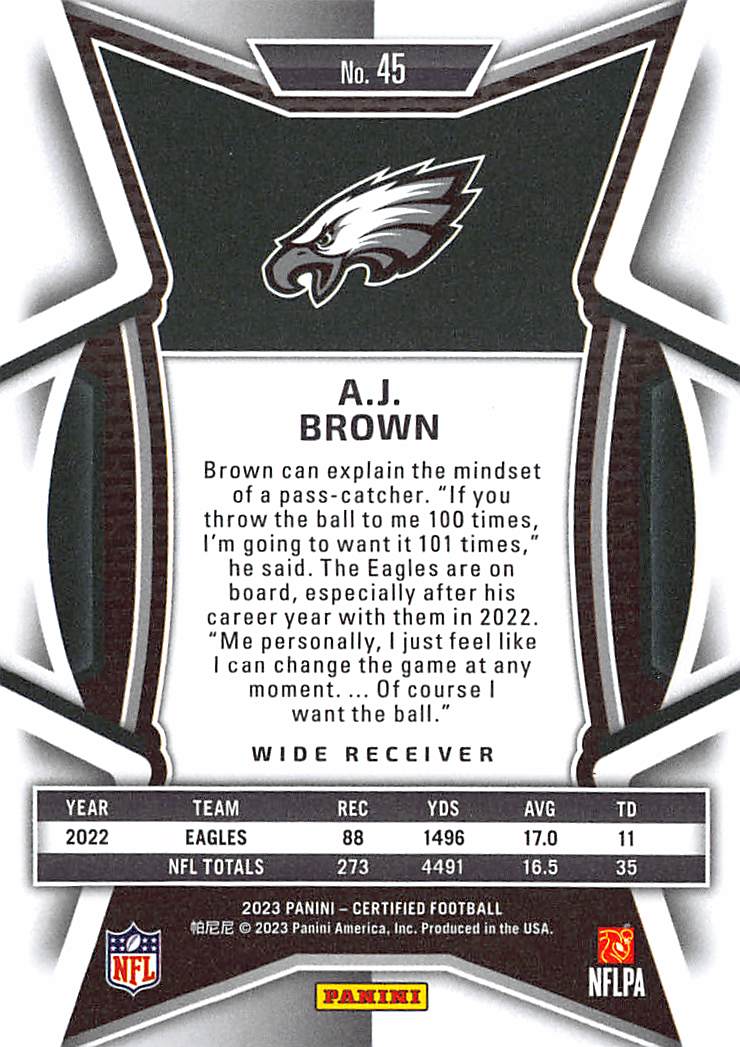 2023 Panini Certified Football A.J. Brown Purple /10 #45 Philadelphia Eagles