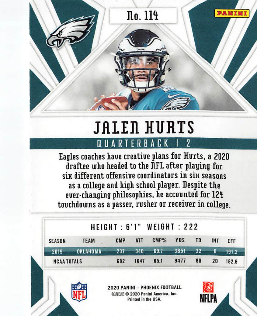 2020 Panini Phoenix Jalen Hurts Fire Burst Rookie RC #114 Philadelphia Eagles