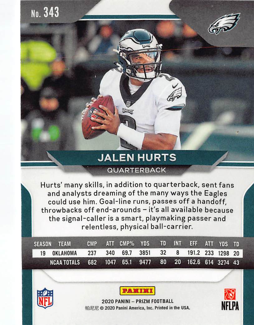 2020 Panini Prizm Football Jalen Hurts Rookie RC #343 Philadelphia Eagles