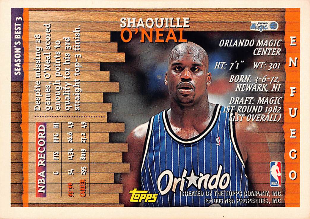 1996 Topps En Fuego Shaquille O'Neal #EF3 Orlando Magic