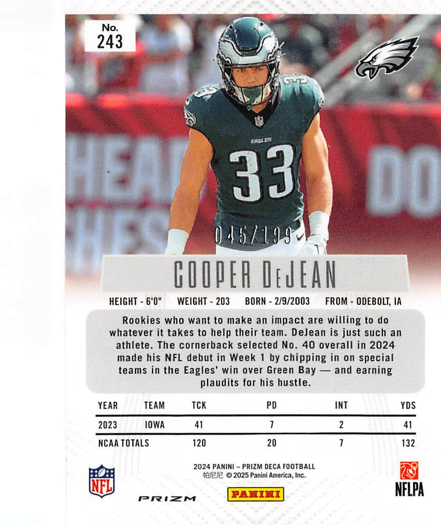 2025 Panini Prizm Deca Football Cooper DeJean Red /199 Rookie RC #243 Eagles