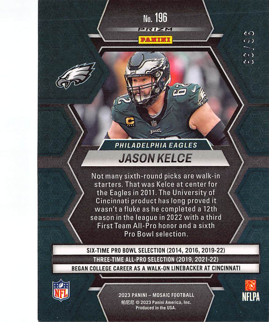 2023 Panini Mosaic Football Jason Kelce Blue Sparkle /99 #196 Eagles