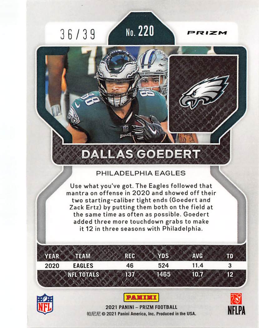 2021 Panini Prizm Football Dallas Goedert Red and Yellow /39 #220 Eagles