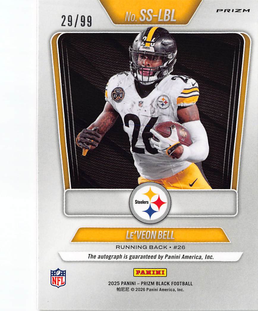 2026 Panini Prizm Black Le'Veon Bell Sensational Red Auto /99 #SS-LBL Steelers